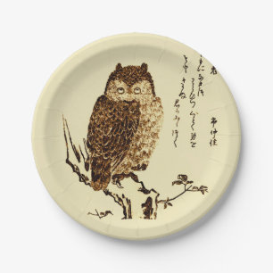 Vintage Japanese Ink Sketch of an Owl Paper Plates