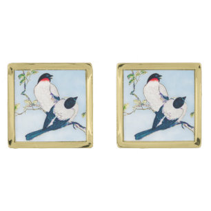 Vintage Japanese Ink Sketch of Finches Cufflinks