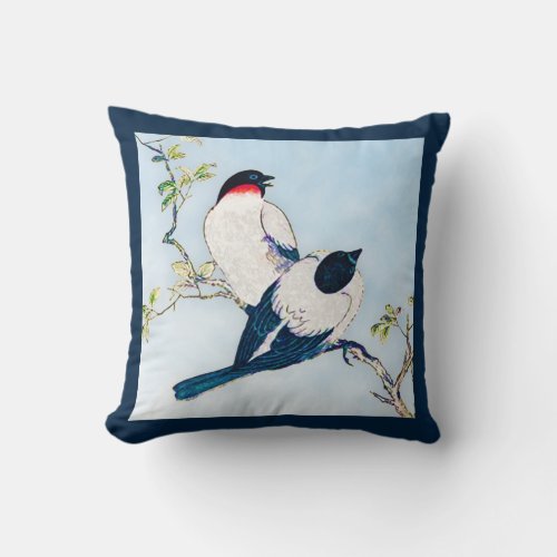 Vintage Japanese Ink Sketch of Finches Throw Pillow