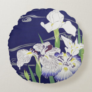 Vintage Japanese Iris Art Print Kogyo Tsukioka Round Pillow