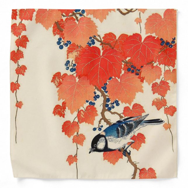 Vintage Japanese Jay Bird and Autumn Grapevine Bandana (Front)