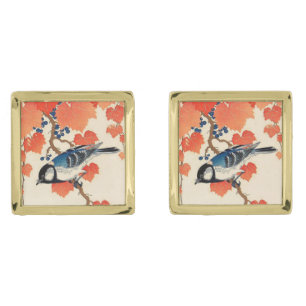 Vintage Japanese Jay Bird and Autumn Grapevine Gold Cufflinks