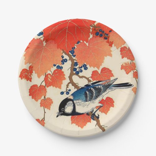 Vintage Japanese Jay Bird and Autumn Grapevine Paper Plates