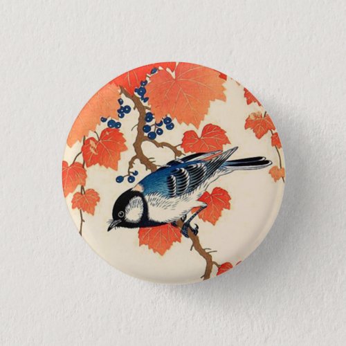 Vintage Japanese Jay Bird and Autumn Grapevine Pinback Button
