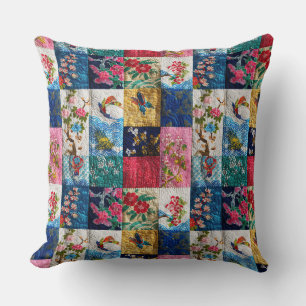 Vintage Japanese Kimono Embroidered-look Patchwork Throw Pillow