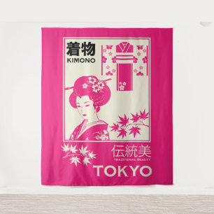 Vintage Japanese Kimono Fashion Illustration Tapestry