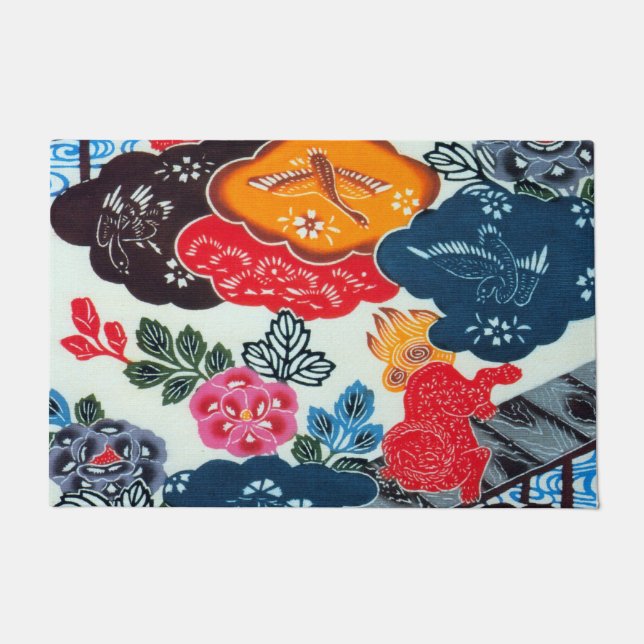 Vintage Japanese Kimono Textile (Bingata) Doormat (Front)