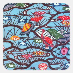 Vintage Japanese Kimono Textile (Bingata) Square Sticker