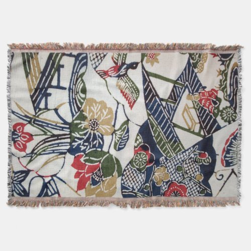 Vintage Japanese Kimono Textile Bingata Throw Blanket