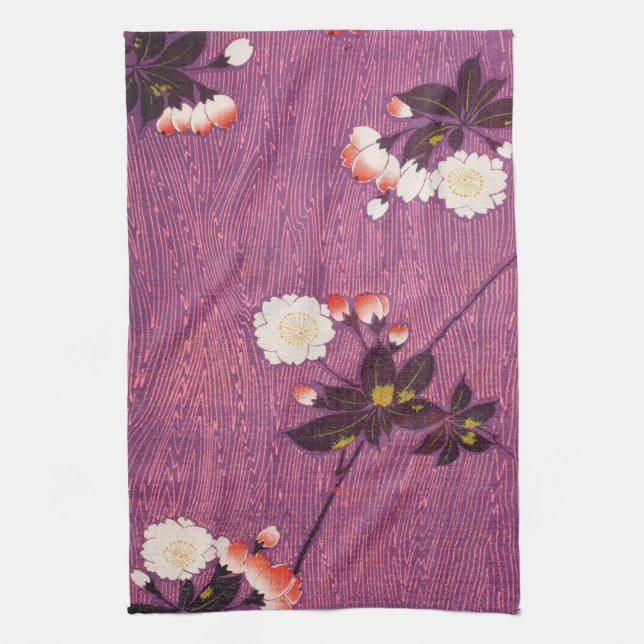 Vintage Japanese Kimono Textile, Cherry Blossoms Kitchen Towel (Vertical)