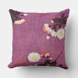 Vintage Japanese Kimono Textile, Cherry Blossoms Throw Pillow