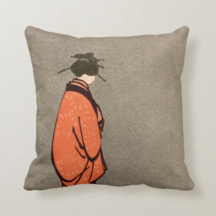 Vintage Japanese Kimono Woman Orange Looking Away Pillows