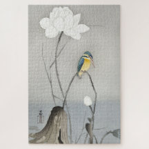 Vintage Japanese Kingfisher Bird with Lotus Flower