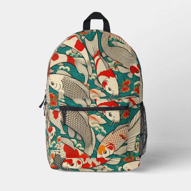 Vintage Japanese Koi Fish Pattern Painting Printed Backpack (Front)