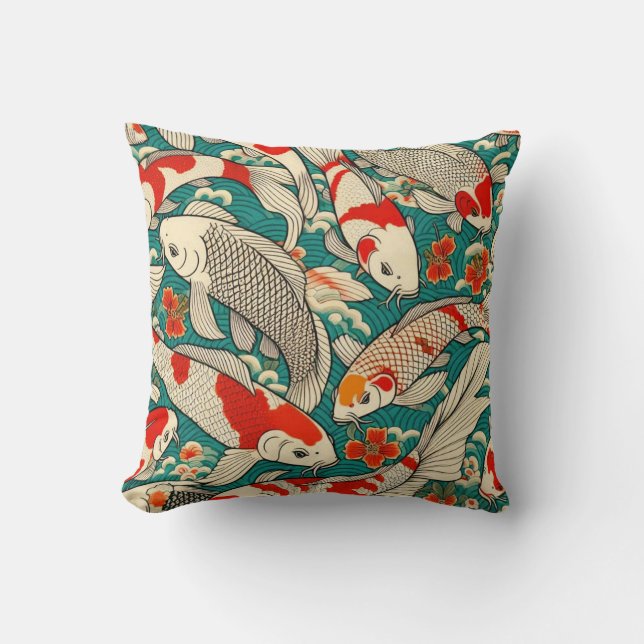 Vintage Japanese Koi Fish Pattern Painting Throw Pillow (Front)