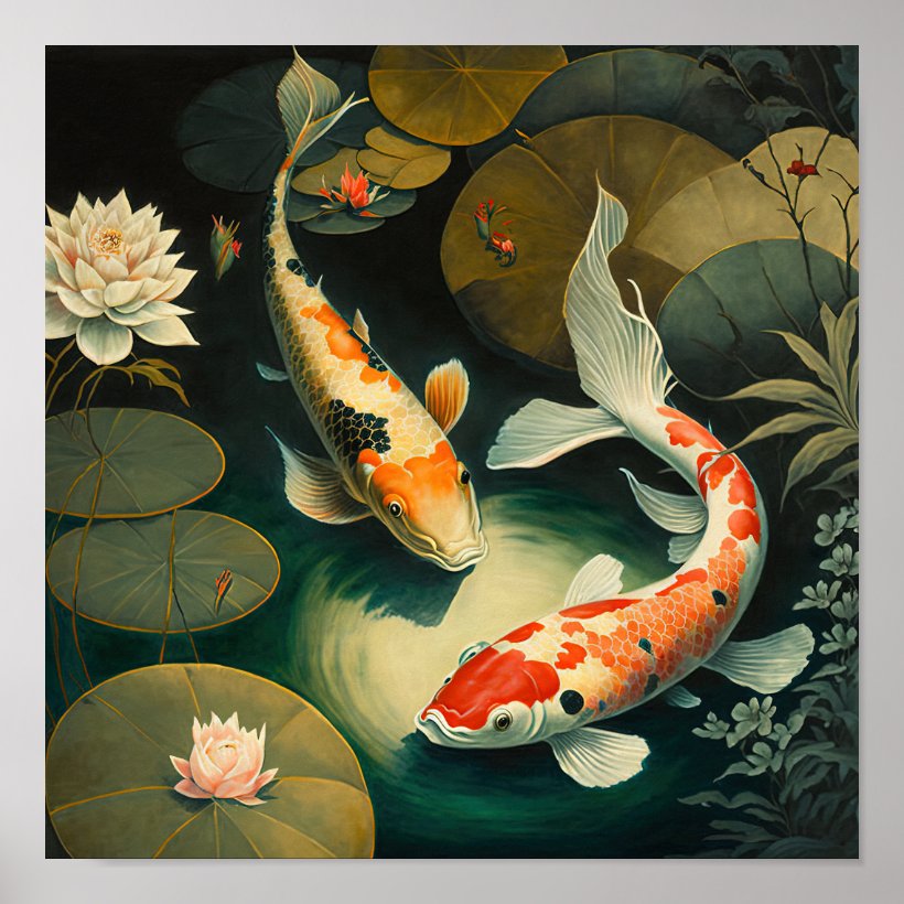 Vintage Japanese Koi Fish Pond Art Print Poster (Front)