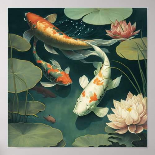 Vintage Japanese Koi Fish Pond Art Print Poster
