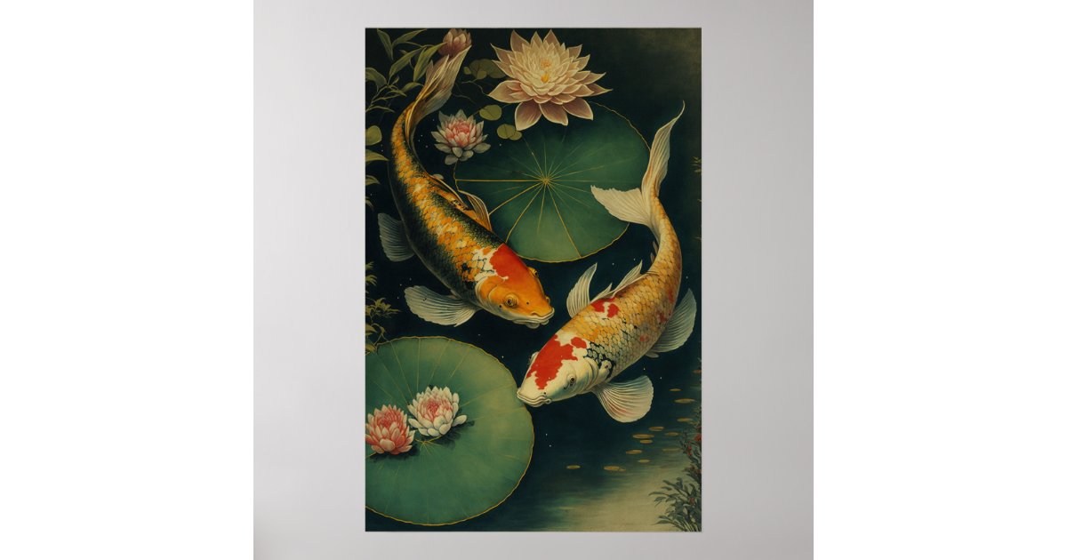 Vintage Japanese Koi Fish Pond Art Print Poster | Zazzle