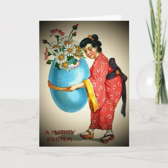 Vintage Japanese Lady, Egg Vase with Flowers, ZSSG Holiday Card (Front)
