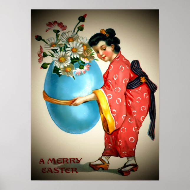 Vintage Japanese Lady, Egg Vase with Flowers, ZSSG Poster (Front)