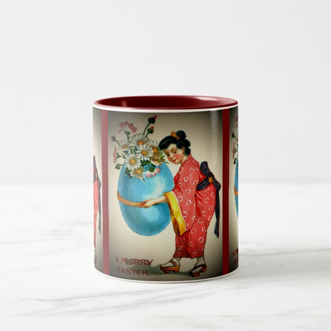 Vintage Japanese Lady, Egg Vase with Flowers, ZSSG Two-Tone Coffee Mug (Center)
