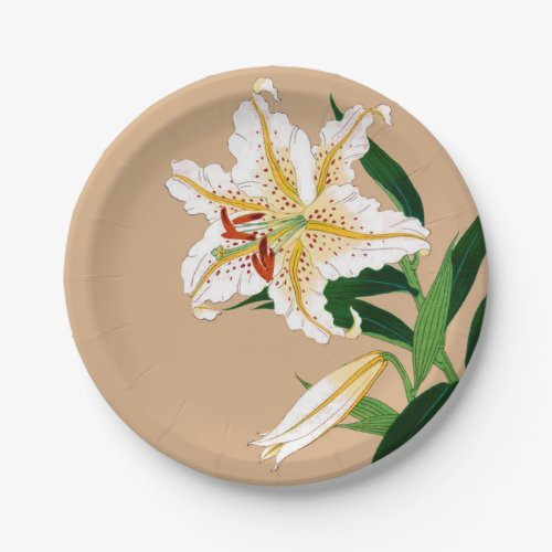 Vintage Japanese Liliy White Green and Beige Paper Plates