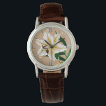 Vintage Japanese Liliy. White, Green and Beige Watch<br><div class="desc">Watch in a vintage Japanese illustration of a white Asiatic lily / daylily, accented with soft gold, and leaves in emerald green, on a beige background, digitally enhanced</div>