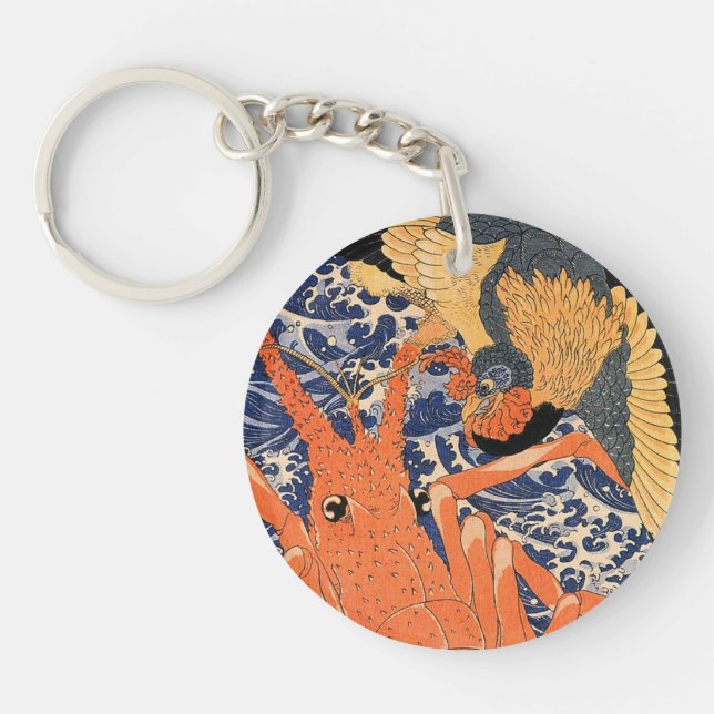 Vintage Japanese Lobster and Bird Ukiyo-e Keychain (Front)