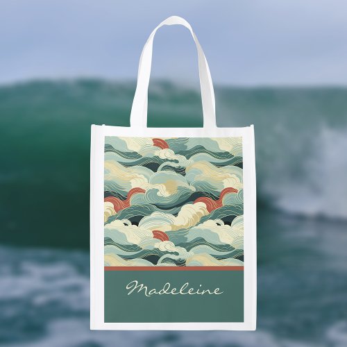 Vintage Japanese Look Teal Ocean Waves with Name Grocery Bag