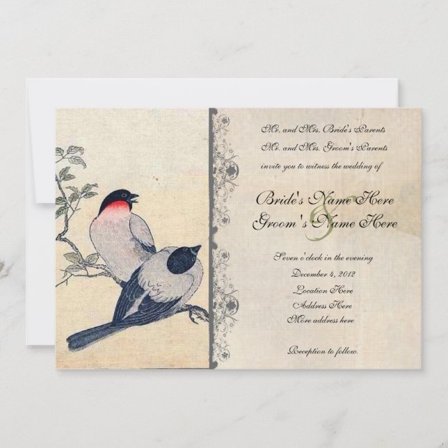Vintage Japanese Lovebirds Wedding Invitation (Front)