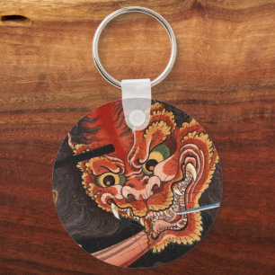 Vintage Japanese Oni King vs. Samurai Woodblock Keychain