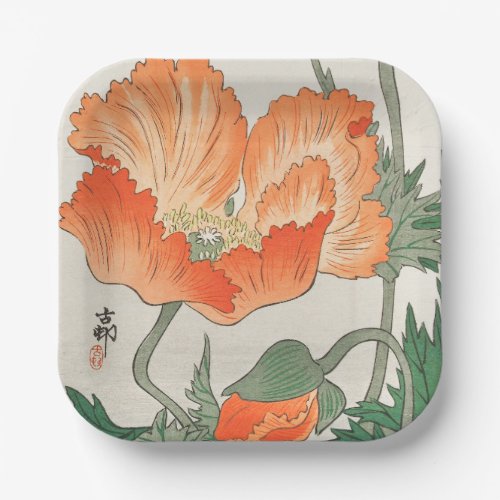Vintage Japanese Orange Poppy Flower Ohara Koson  Paper Plates
