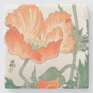 Vintage Japanese Orange Poppy Flower, Ohara Koson Stone Coaster