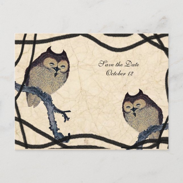 Vintage Japanese Owl Save the Date Announcement Postcard (Front)