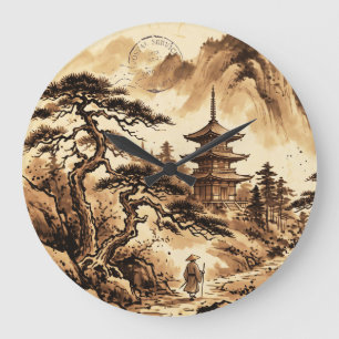 Vintage Japanese Pagoda & Pine Tree Wall Clock