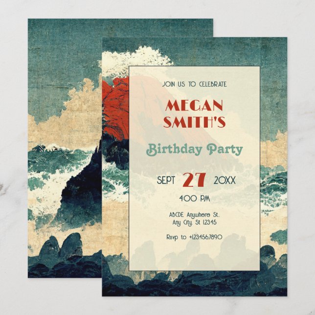 Vintage Japanese paint wave mountain Invitation (Front/Back)