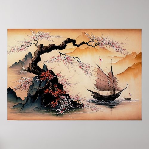 Vintage Japanese Painting Landscape Serene Vistas Poster