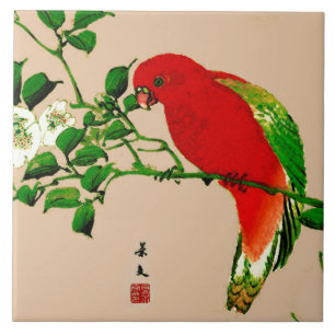 Vintage Japanese Painting of a Parrot, Red & Green Ceramic Tile