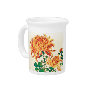 Vintage Japanese Painting of Chrysanthemums Drink Pitcher