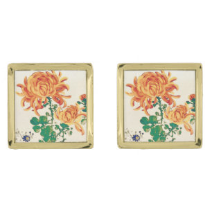 Vintage Japanese Painting of Chrysanthemums Gold Cufflinks