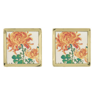 Vintage Japanese Painting of Chrysanthemums Gold Cufflinks