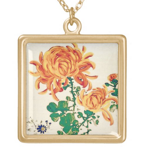 Vintage Japanese Painting of Chrysanthemums Gold Plated Necklace