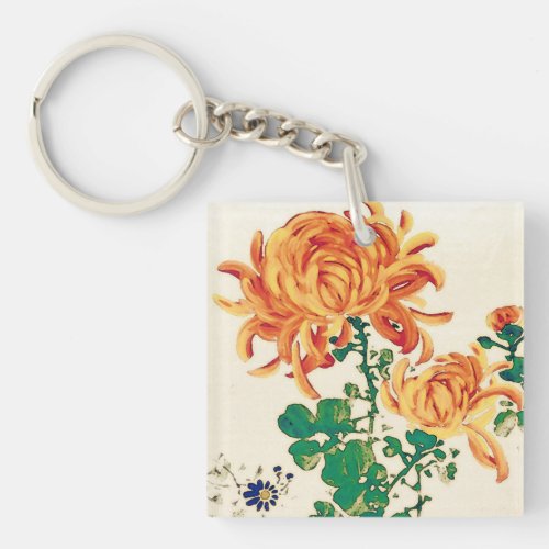 Vintage Japanese Painting of Chrysanthemums Keychain