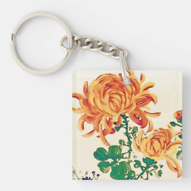 Vintage Japanese Painting of Chrysanthemums Keychain (Front)