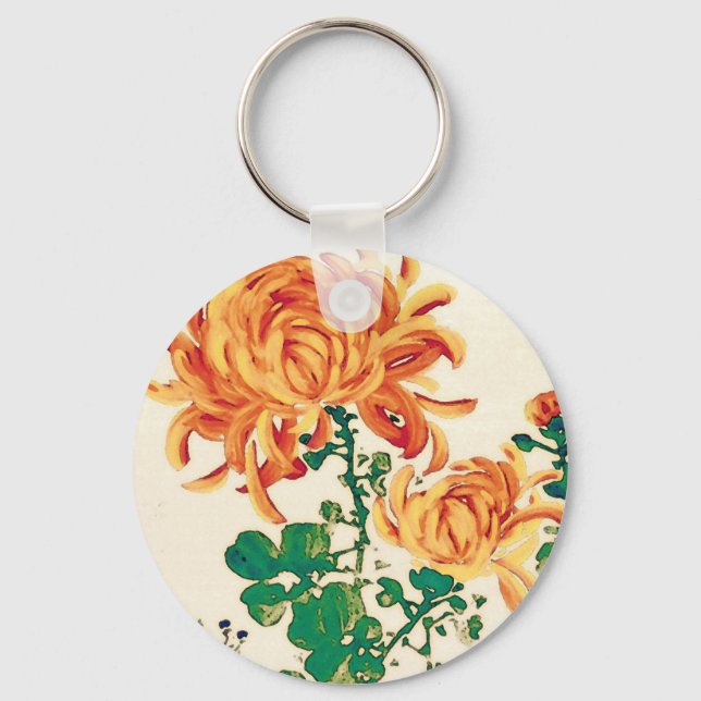 Vintage Japanese Painting of Chrysanthemums Keychain (Front)