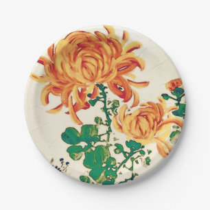 Vintage Japanese Painting of Chrysanthemums Paper Plates