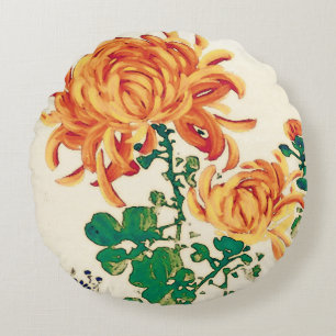 Vintage Japanese Painting of Chrysanthemums Round Pillow