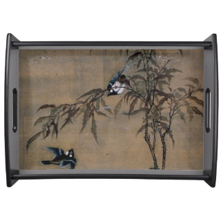 Vintage Japanese Painting Of Two Birds On Trees Serving Tray
