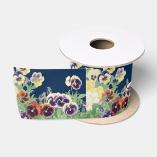 Vintage Japanese Pansy Flower Ukiyo-e Botanical Satin Ribbon
