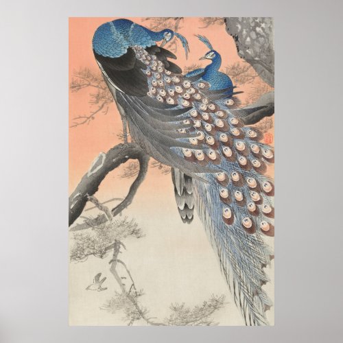 Vintage Japanese Peacocks on Tree Branch Poster